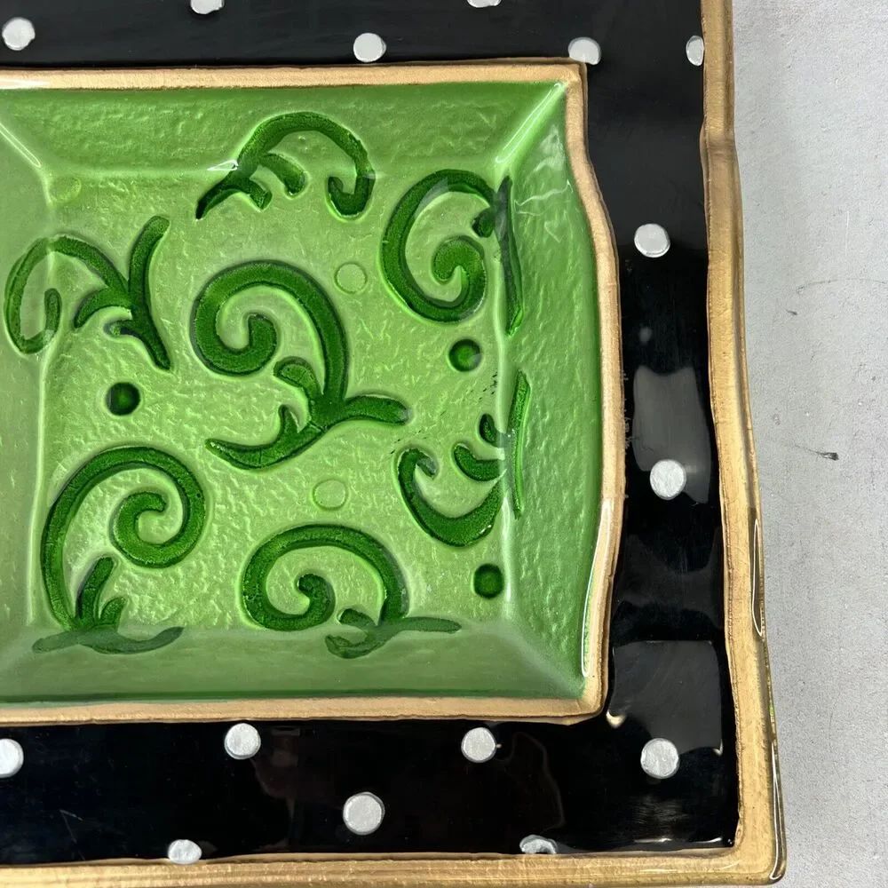 Vintage Art Glass Painted Black &‎ Green Polka Dot Decorative Bowl